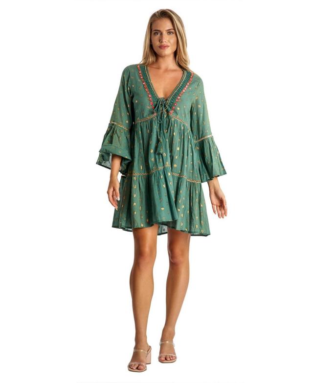 La Moda Clothing Womens Green Short Dress with Gold Polka Dots Product Image