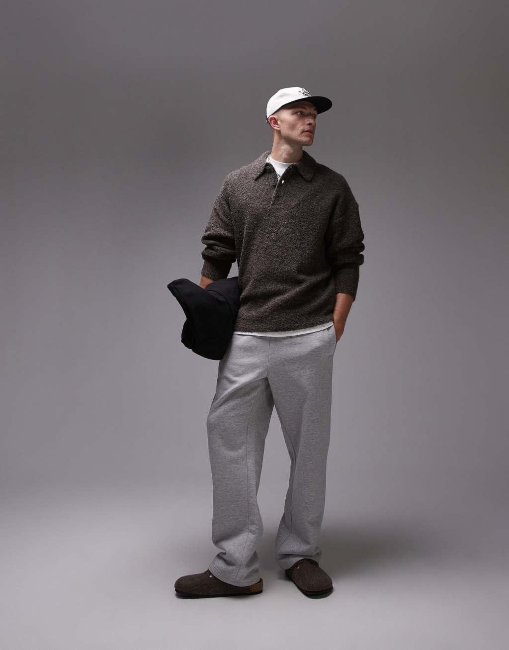 Topman oversized fit boucle polo shirt in heathered brown Product Image