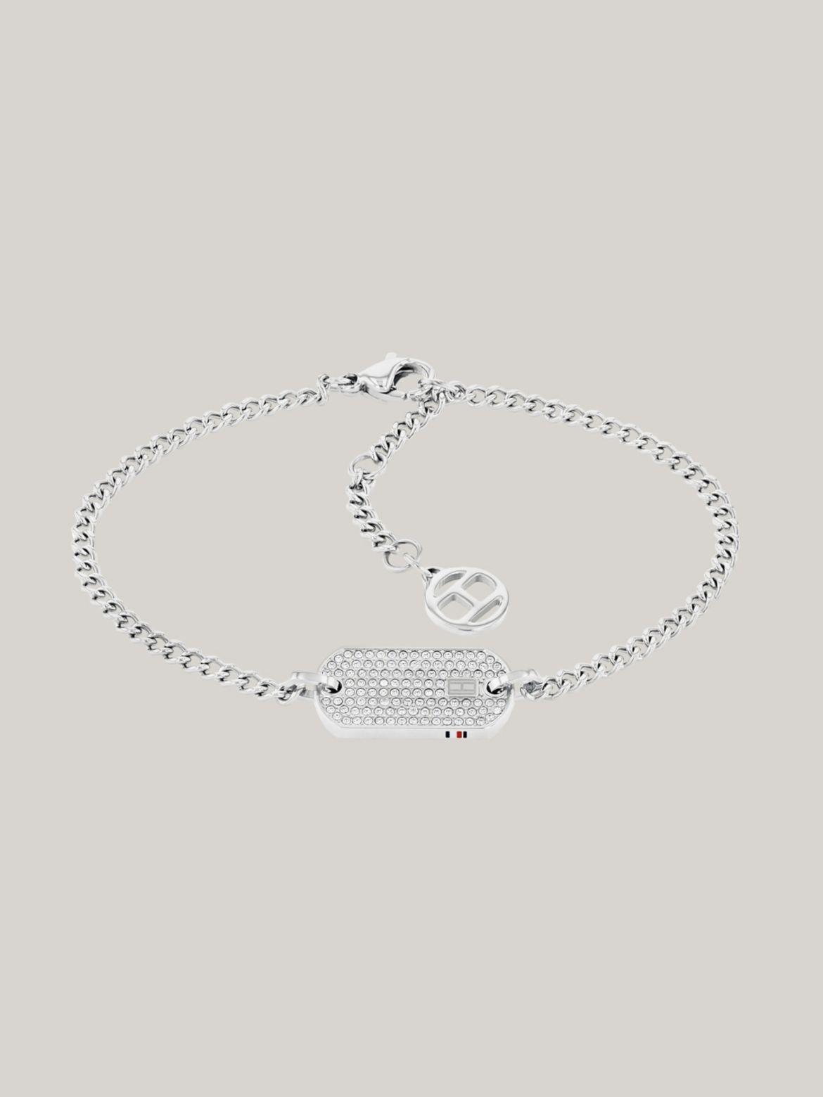 Tommy Hilfiger Women's Crystal Silver-Tone Dog Tag Bracelet Product Image