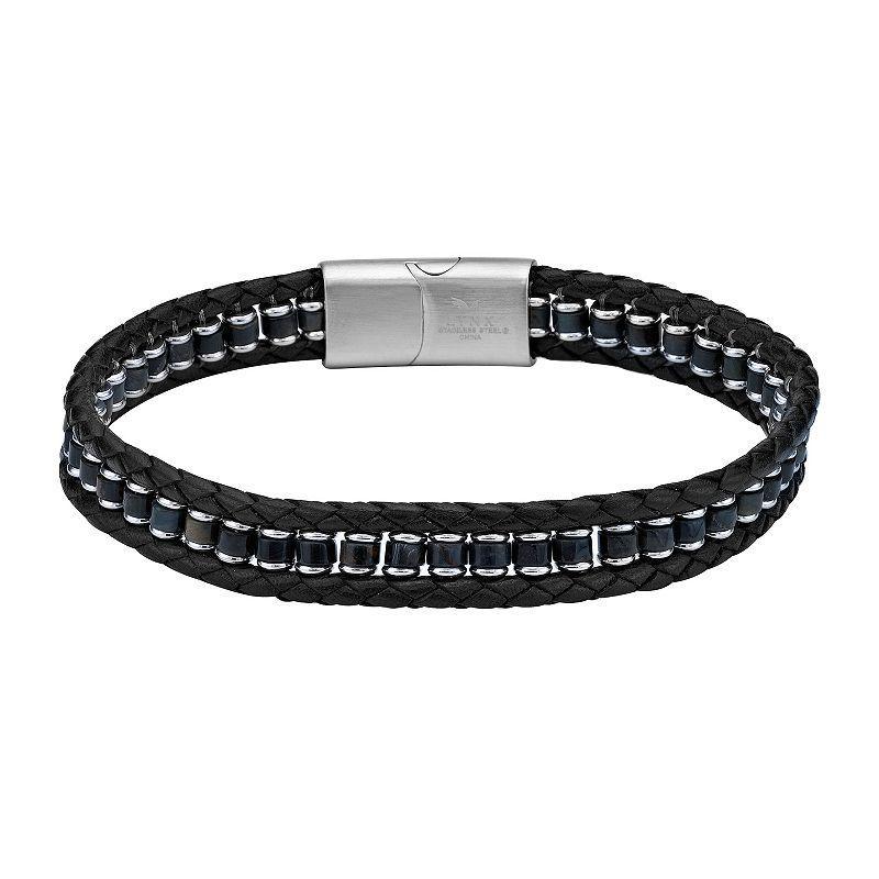 LYNX Mens Stainless Steel Braided Black Leather Bracelet Product Image