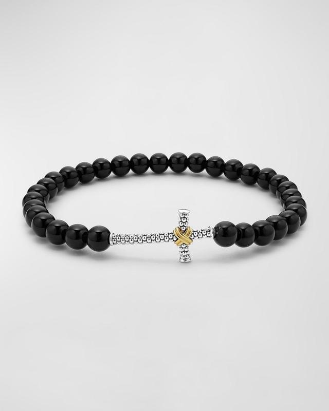 Lagos Mens 18K Yellow Gold & Sterling Silver Anthem Onyx Bead Cross Stretch Bracelet - 100% Exclusive Product Image