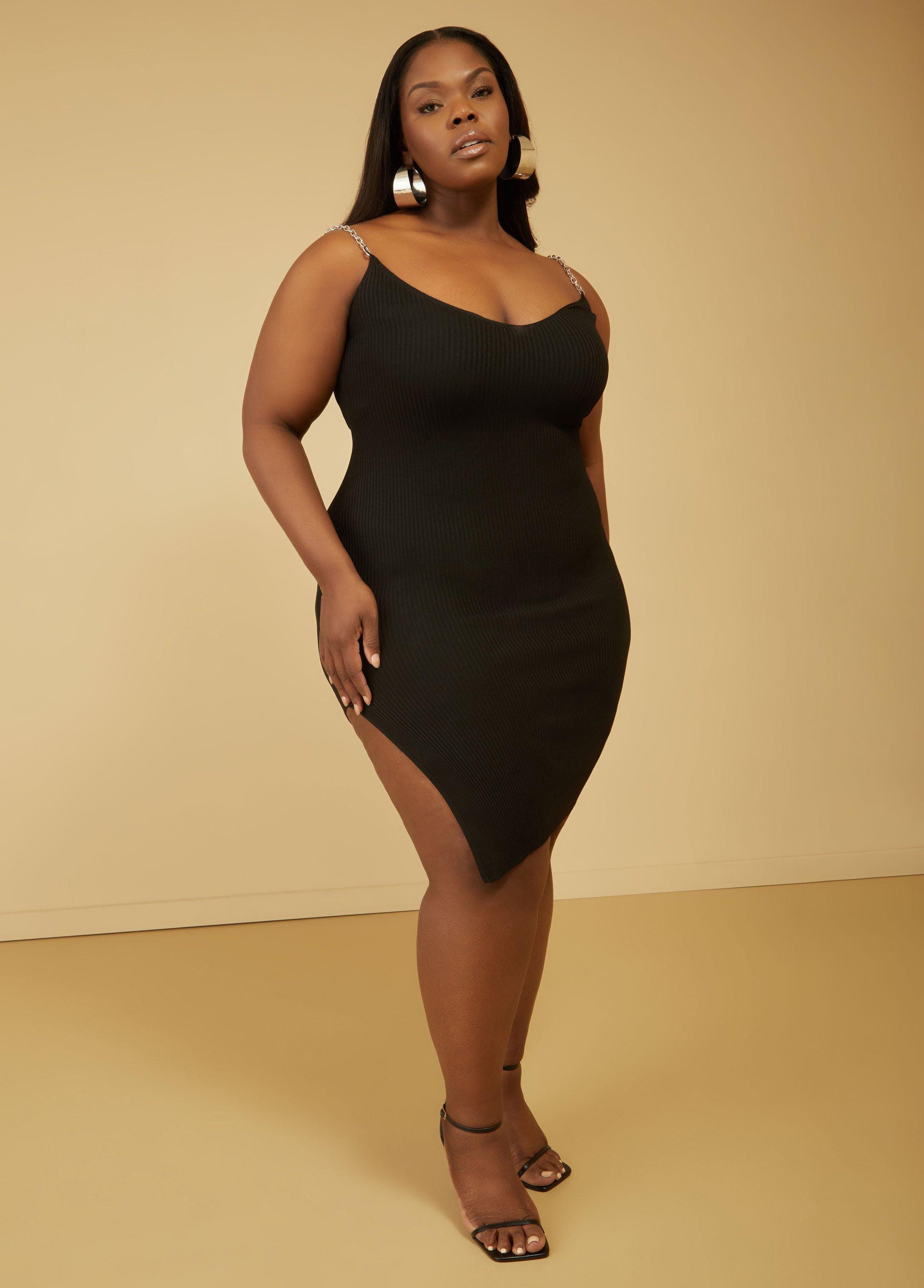 Plus Size Chain Trimmed Ribbed Bodycon Dress Ashley Stewart Product Image