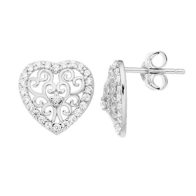 Sophie Miller Sterling Silver Cubic Zirconia Filigree Heart Earrings, Womens, Silvertone Product Image