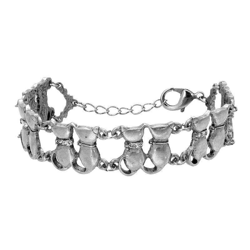 1928 Silver Tone Cat Chain Bracelet with Simulated Crystal Accents, Womens, Clear Product Image