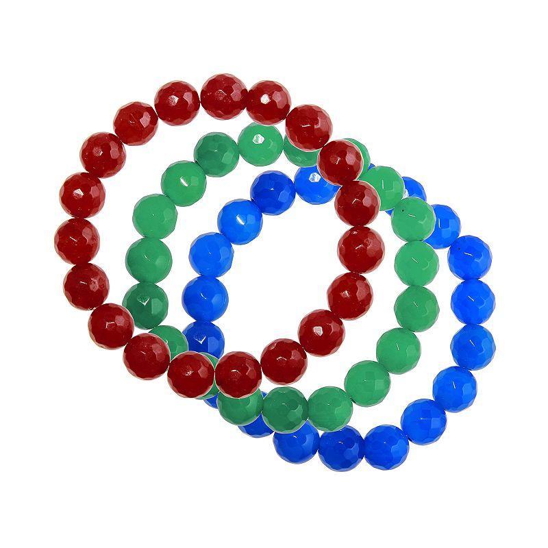 Blue Green Red Faceted Agate Stretchy 3-piece Bracelet Set, Womens Silver Tone Product Image