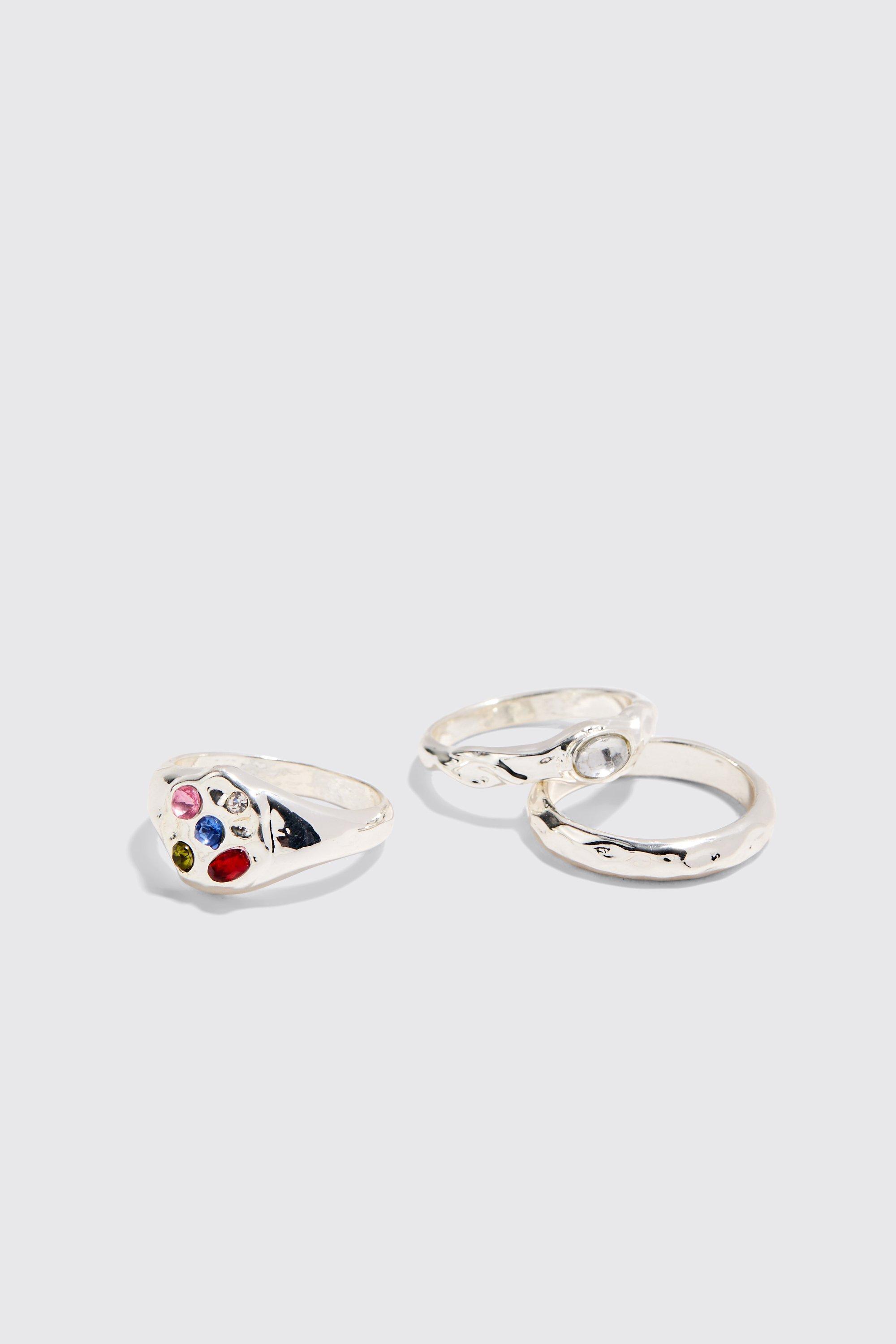 3 Pack Gem Rings In Silver | boohooMAN USA Product Image