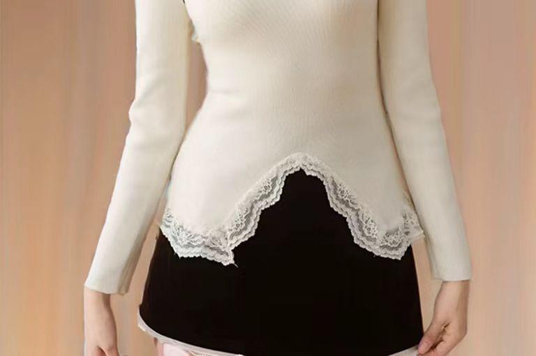 Long Sleeve V-Neck Panel Lace Top Product Image