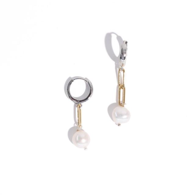 18k Gold Plated Paper Clip Chain and Silver Plated Huggies with Freshwater Pearls - Sake Earrings For Women Product Image