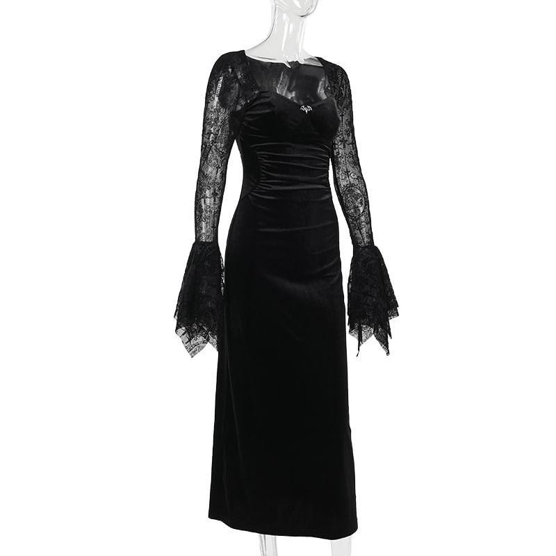 Long-Sleeve Square Neck Lace Panel Maxi A-Line Dress Product Image