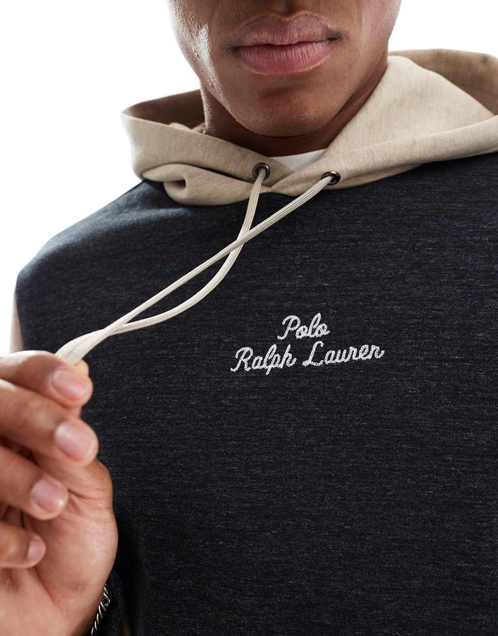 Polo Ralph Lauren central script logo color block double knit hoodie in black heather multi Product Image