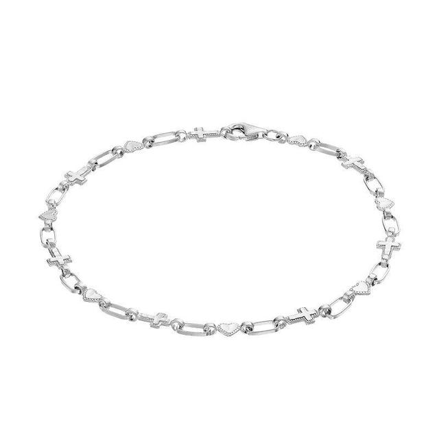 Kristen Kesho Sterling Silver Heart & Cross Link Bracelet, Womens Grey Product Image