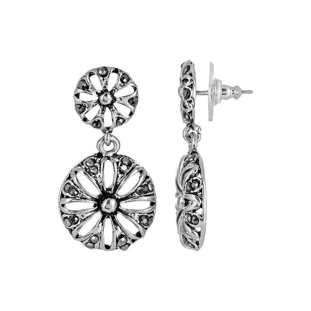 1928 Silver Tone Double Drop Floral Contrast Accented Post Earrings, Womens, Gray Product Image