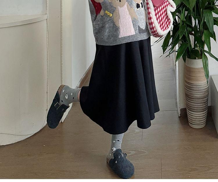 Maternity Crew Neck Bear Print Sweater / High Waist Plain Midi A-Line Skirt Product Image