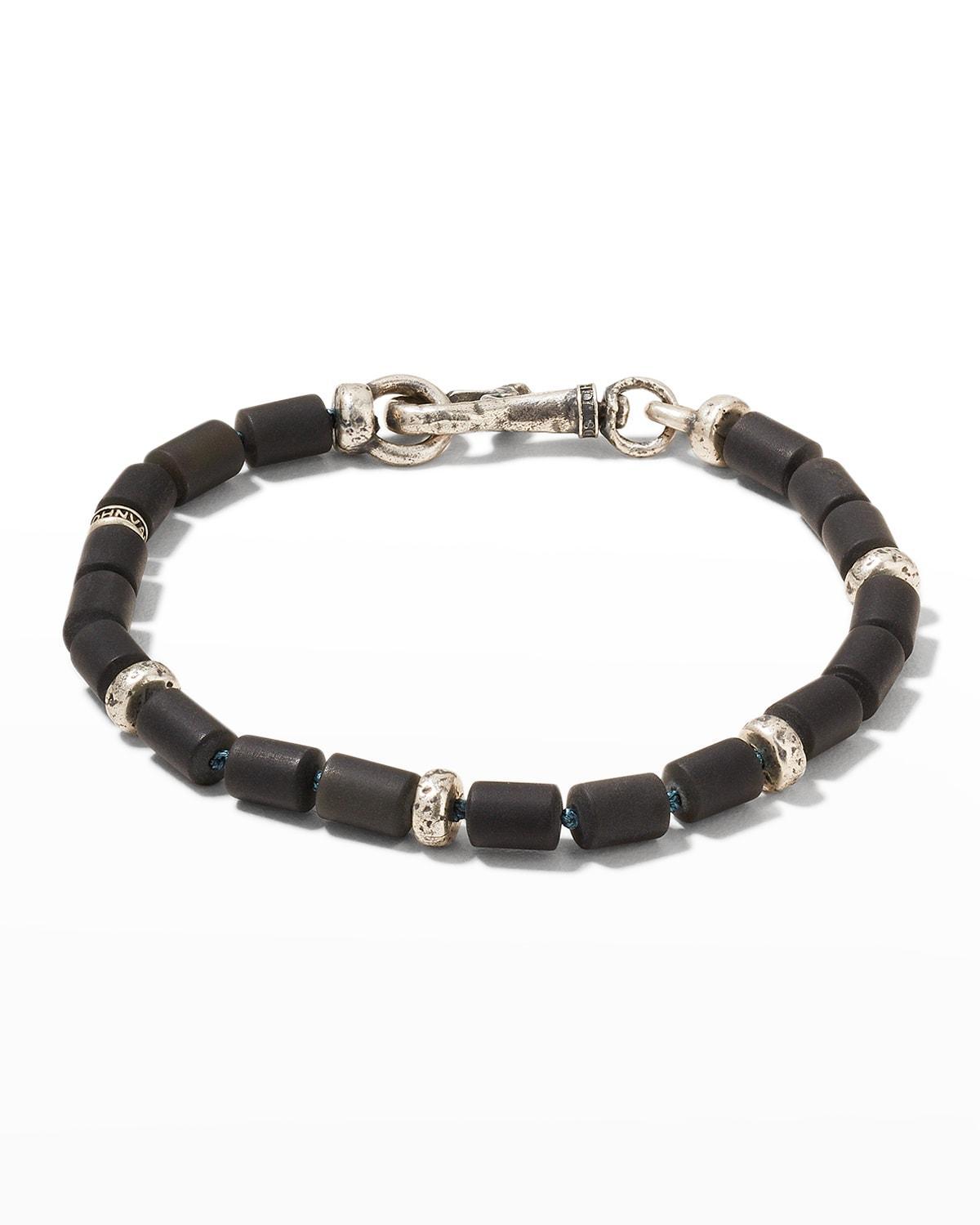 Mens Sterling Silver & Obsidian Beaded Bracelet Product Image