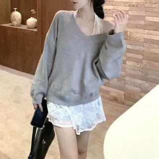 V-neck Lettering Oversized Sweater / Halter Floral Lace Mini A-Line Dress Product Image