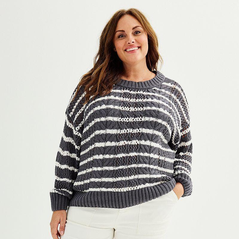 Plus Size Sonoma Goods For Life Boatneck Crochet Sweater, Womens Gray And Ivory Stripe Product Image