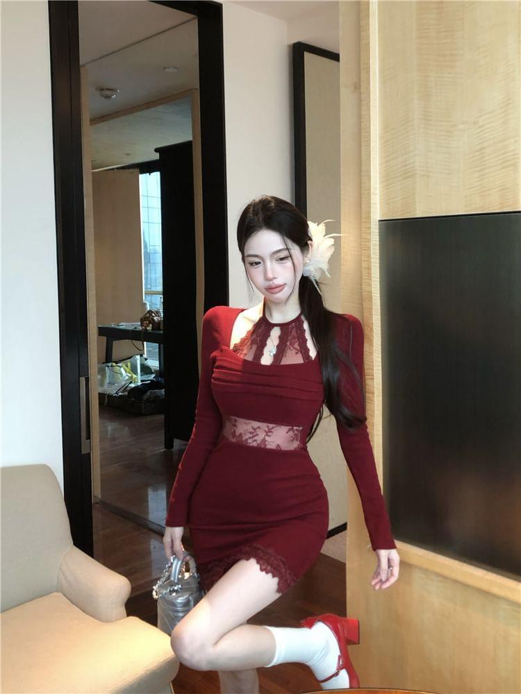 Long Sleeve Halter Plain Cutout Panel Lace Mini Sheath Dress Product Image