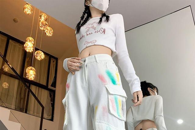 High Waist Paint Printed Wide Leg Cargo Pants Product Image