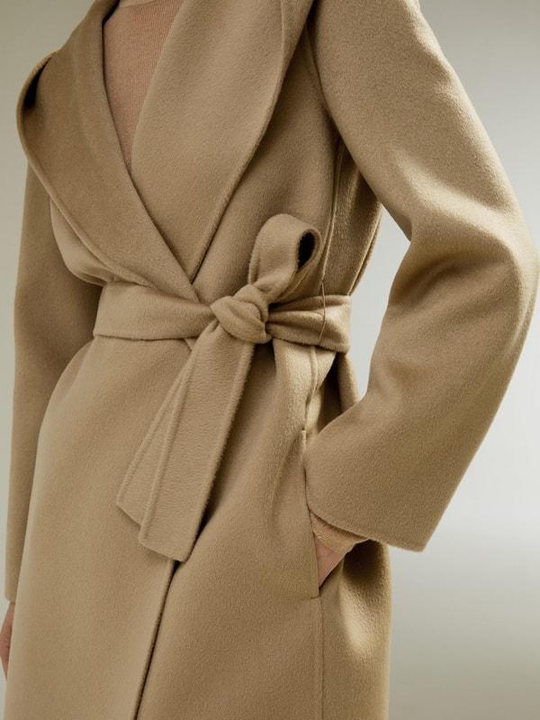 Cashmere-Wool-Blend Belted Short Hooded Coat Product Image