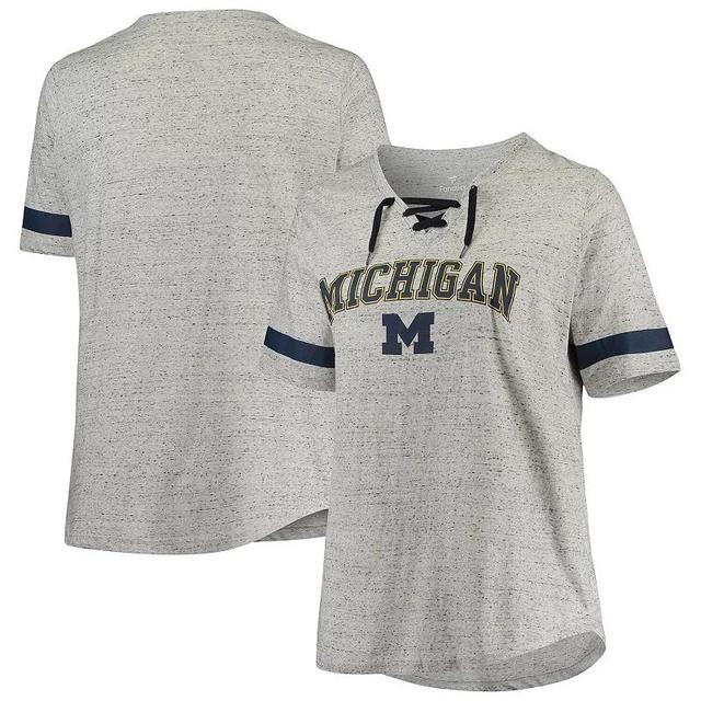 Womens Heathered Gray/Navy Michigan Wolverines Plus Size Lace-Up V-Neck T-Shirt Product Image