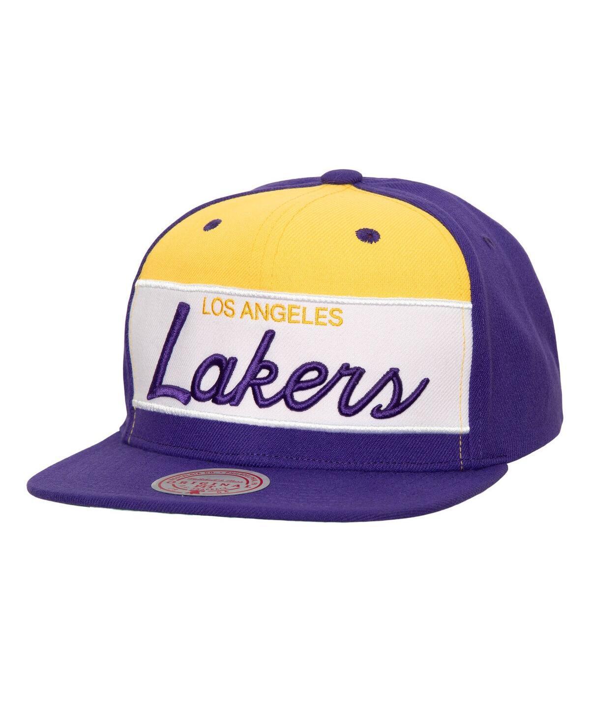 Mens Mitchell & Ness /Purple Los Angeles Lakers Retro Sport Color Block Script Snapback Hat Product Image