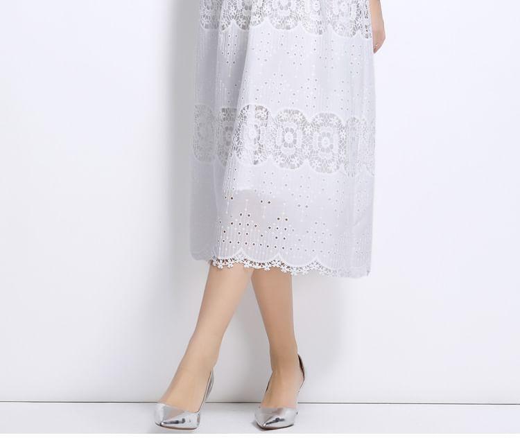 Set: Long Sleeve Stand Collar Plain Button Panel Lace Midi A-Line Dress + Belt Product Image