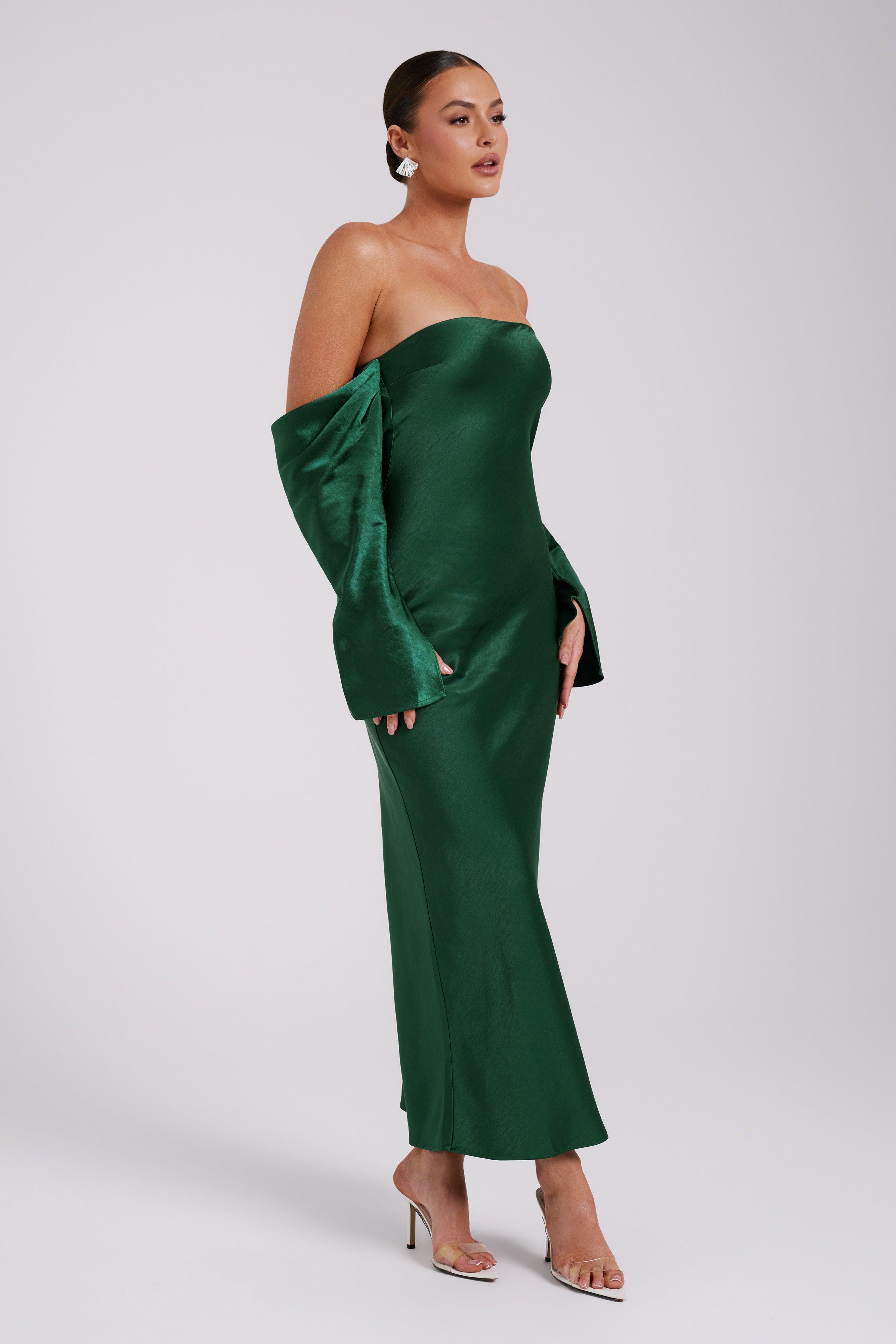 Vee Off Shoulder Satin Midi Dress - Emerald Product Image