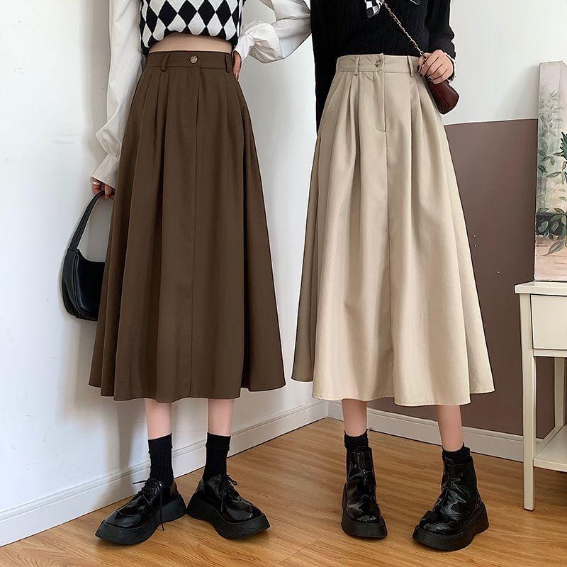 High Waist Plain Midi A-Line Skirt Product Image