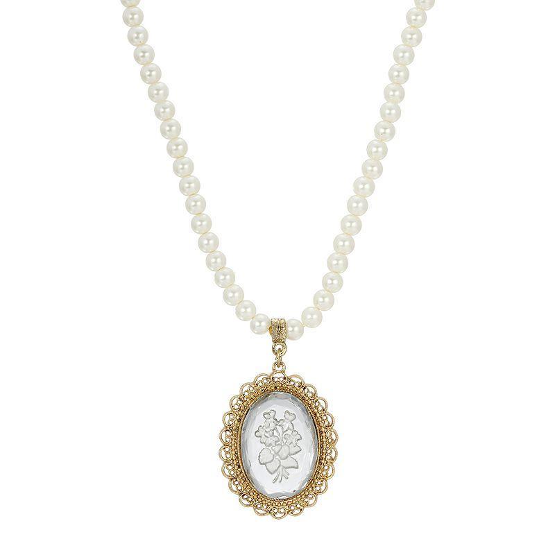 1928 Gold Tone Simulated Pearl Clear Intaglio Pendant Necklace, Womens, White Product Image