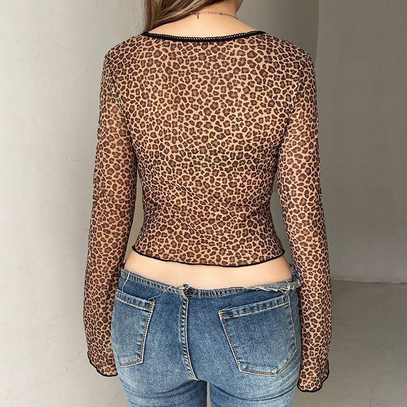 Long-Sleeve Leopard Print Bow Ruched Slit Crop Slim Fit Top Product Image