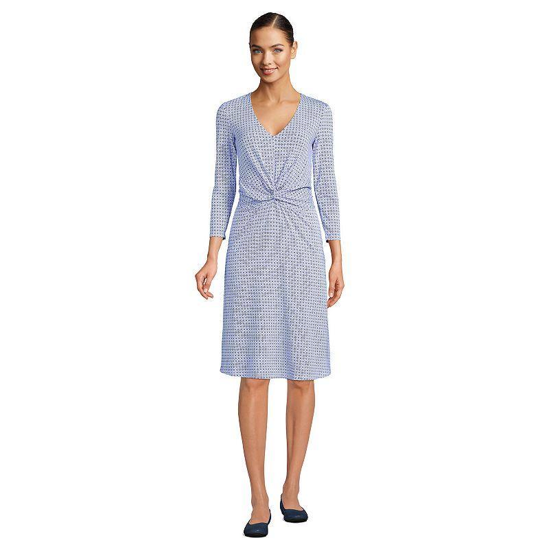 Lands End Womens Plus Size Lightweight Cotton Modal 3/4 Sleeve Fit and Flare V-Neck Dress Product Image