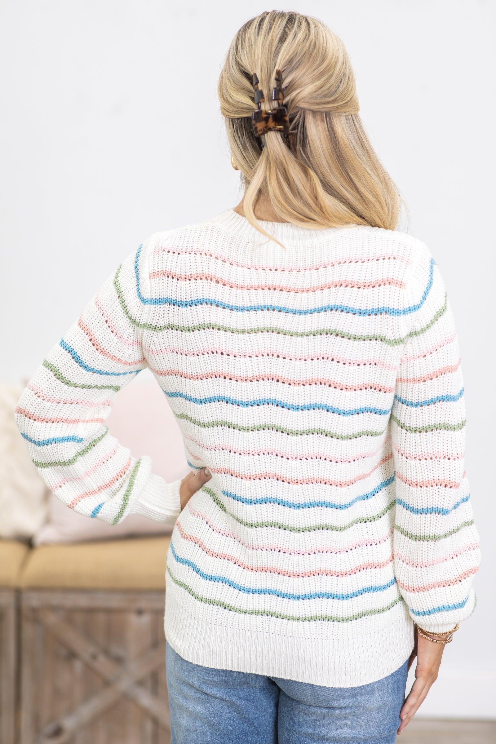 Ivory Multicolor Wavy Stripe Sweater Top Product Image