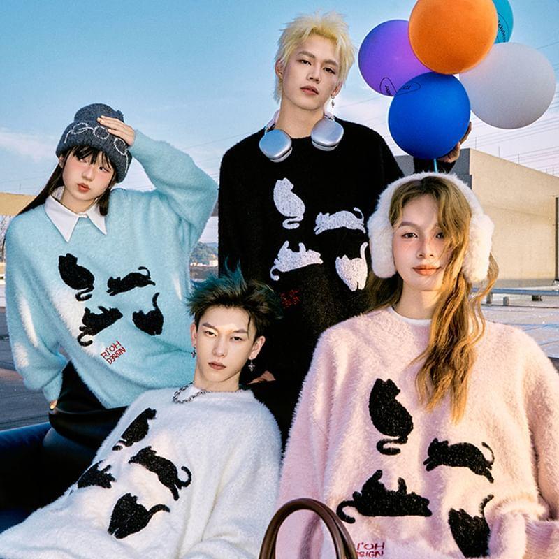 Couple Matching Crew Neck Drop Shoulder Cat Oversized Sweater Product Image