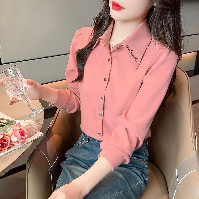 Long-Sleeve Collared Lettering Embroidered Button-Up Blouse Product Image