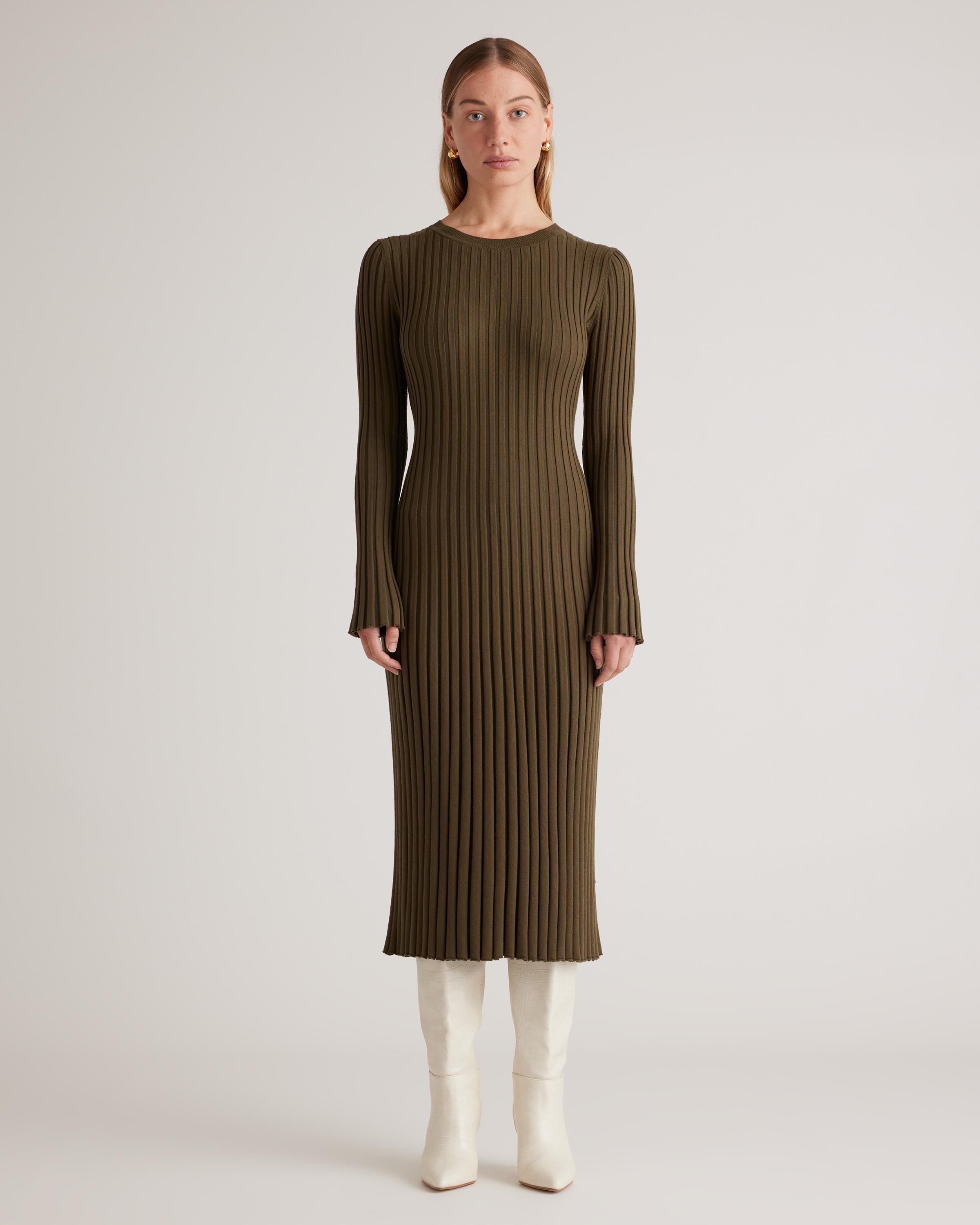 Cotton Cashmere Ribbed Long Sleeve Crew Midi Dress Product Image