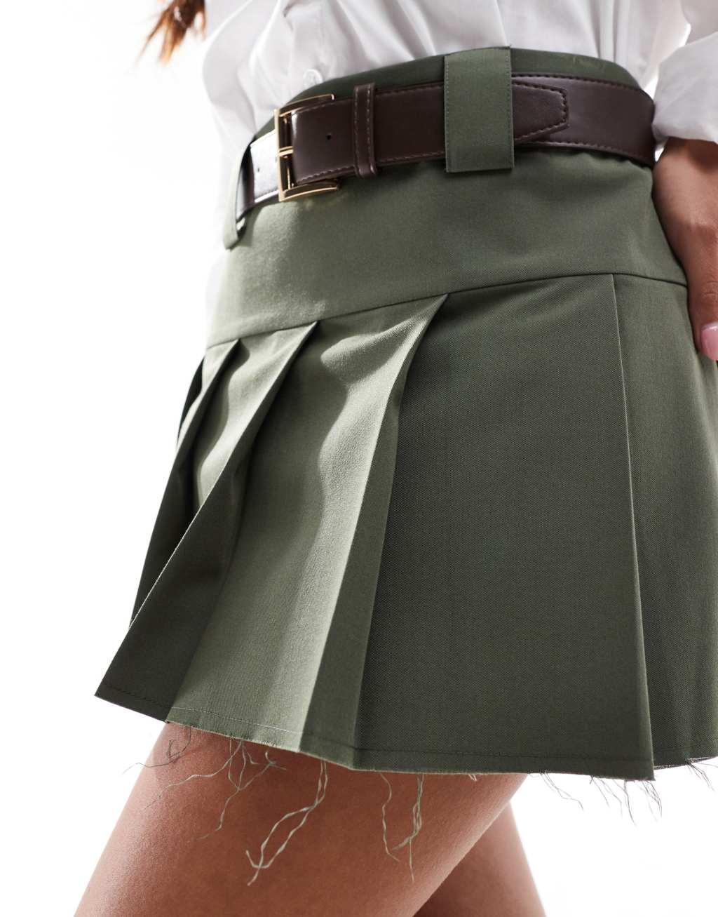 ASOS DESIGN Petite tailored belted mini skirt with exposed lining in khaki Product Image