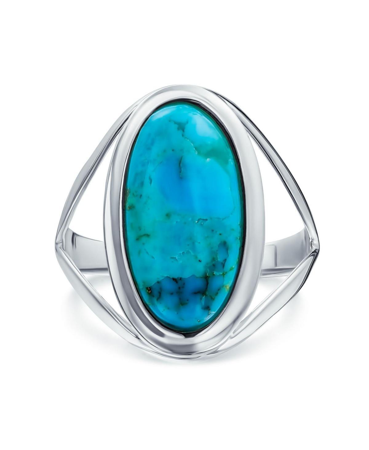 Bling Jewelry Simple Large Dome Oval Cabochon Gemstone Bezel Set Turquoise Western Statement Ring For Women Split Band .925 Sterling Silver - Blu Product Image