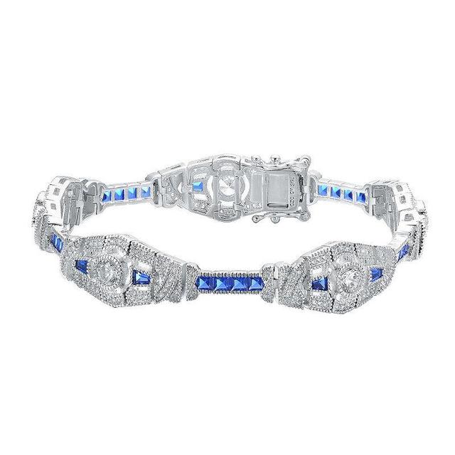 Sterling Silver & Blue Cubic Zirconia Oval Link Bracelet, Womens White Product Image