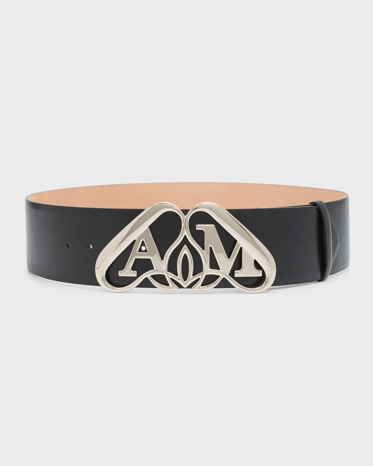 Wide Leather Belt With Silver Logo Detail Product Image