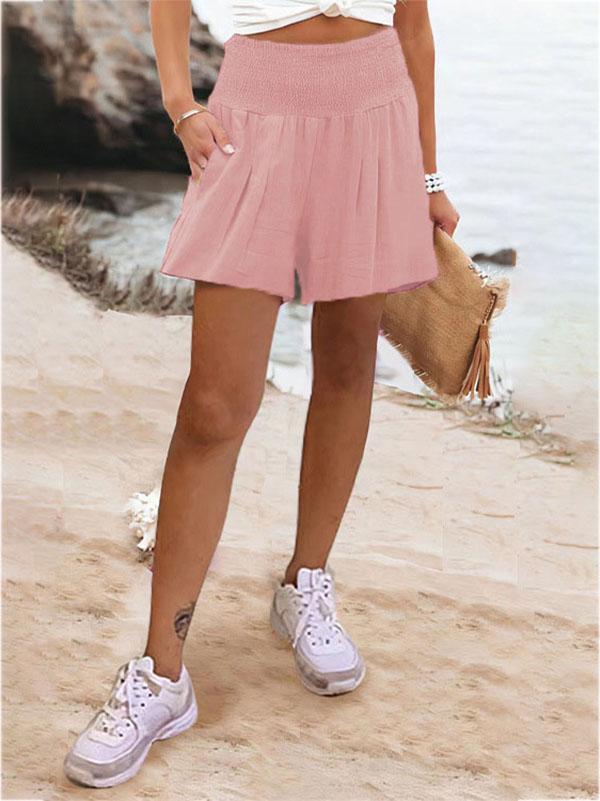 High Waisted Loose Elasticity Pleated Pockets Solid Color Split-Joint Shorts Bottoms Product Image