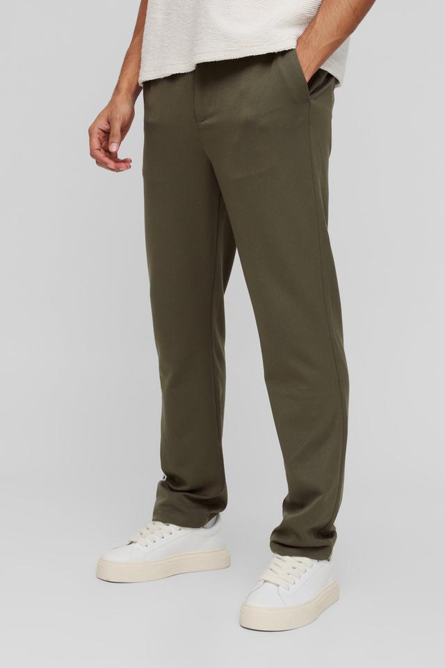 Half Elastic Waistband Stretch Straight Tailored Pants in Khaki | boohooMAN USA Product Image