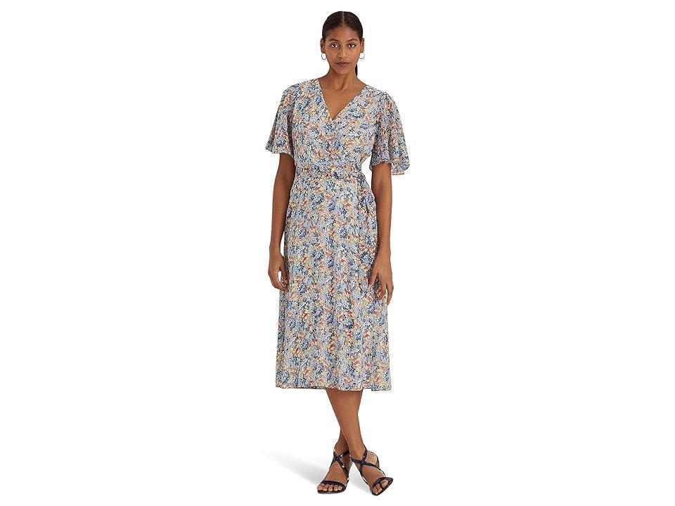 LAUREN Ralph Lauren Floral Belted Georgette Dress (Blue/Pink Multi) Women's Clothing Product Image