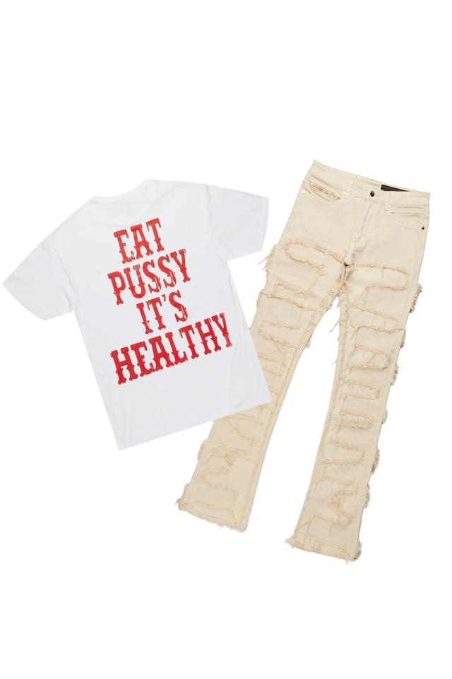 Posse White T-Shirt & Shake Beige Stacked Jean Bundle Male Product Image