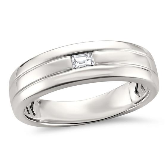 Men's 1/8 CT. Baguette Diamond Solitaire Grooved Band in 14K White Gold Product Image