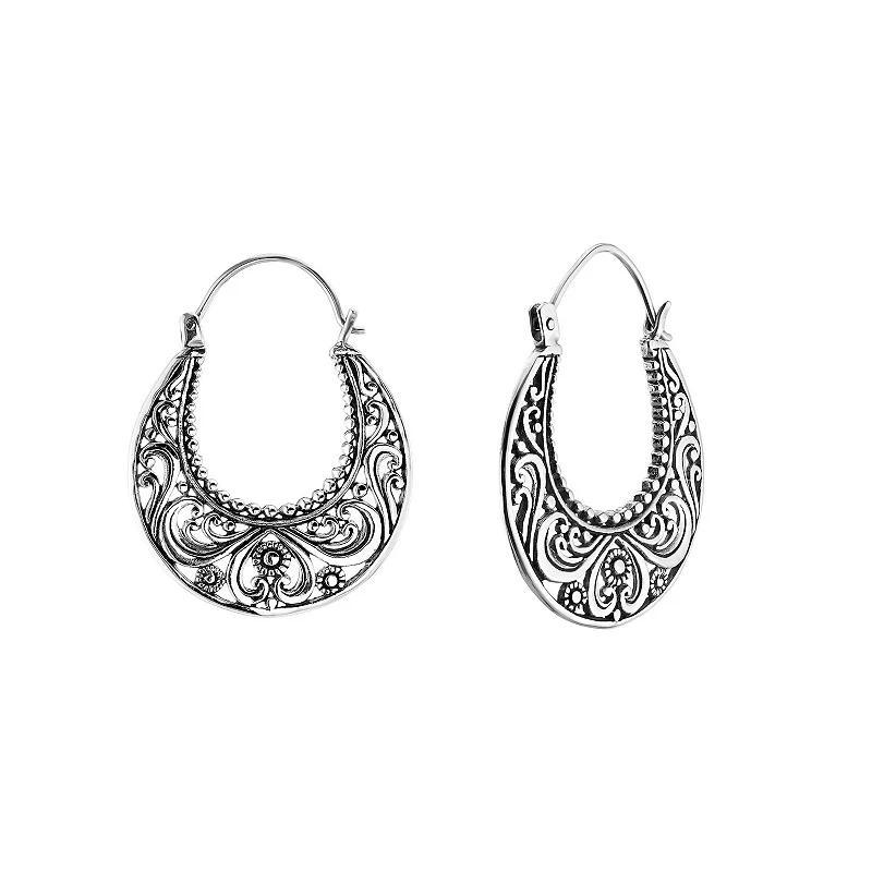 Athra NJ Inc Sterling Silver Oxidized Filigree Hoop Earrings, Womens Product Image