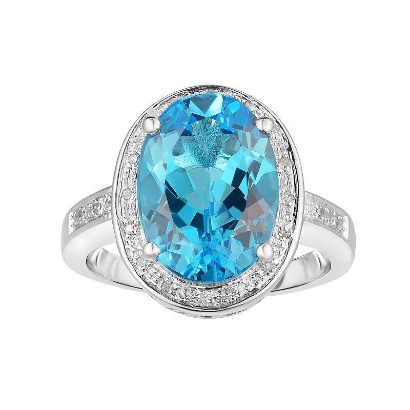 Sterling Silver Blue Topaz & 1/10 Carat T.W. Diamond Oval Halo Ring, Womens Product Image