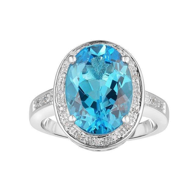 Sterling Silver Blue Topaz & 1/10 Carat T.W. Diamond Oval Halo Ring, Womens Product Image