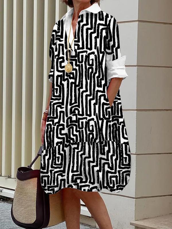 Long Sleeves Loose Printed Split-Joint Lapel Midi Dresses Shirt Dress Product Image