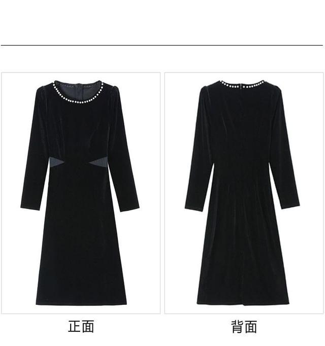 Long-Sleeve Crew Neck Mesh Panel Faux Pearl Accent Slit Velvet Midi Sheath Dress Product Image