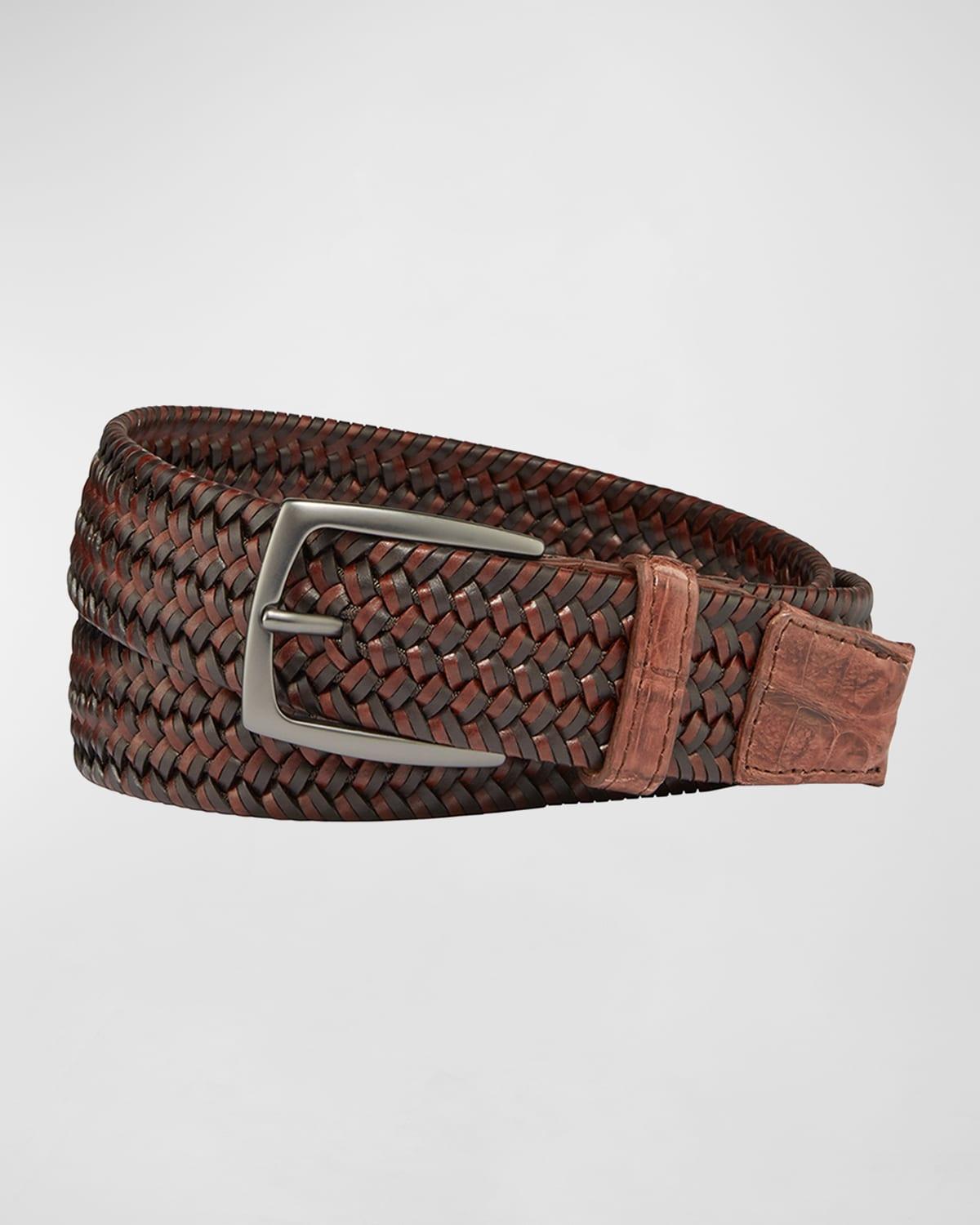 Mens Woven Leather Stretch Belt with Crocodile Trim Product Image